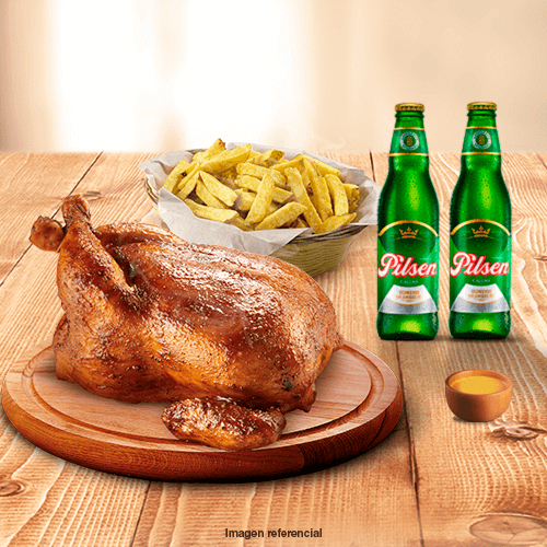 1 POLLO + PAPAS FRITAS + 2 CERVEZAS PERSONALES